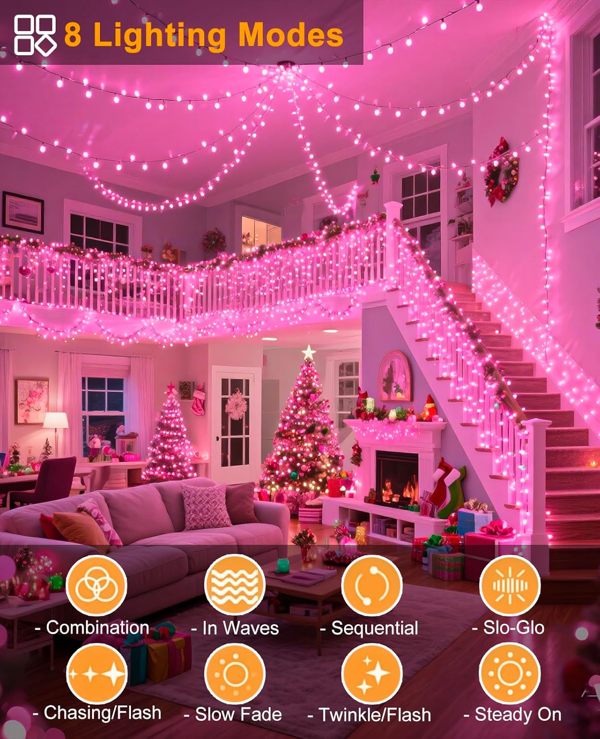 Christmas Lights Outdoor, 80FT 240 LED Christmas Tree Lights, Waterproof & 8 Modes & Timer, Connectable Green Wire String Light for Indoor Home Garden Xmas Party Holiday Decorations, Pink