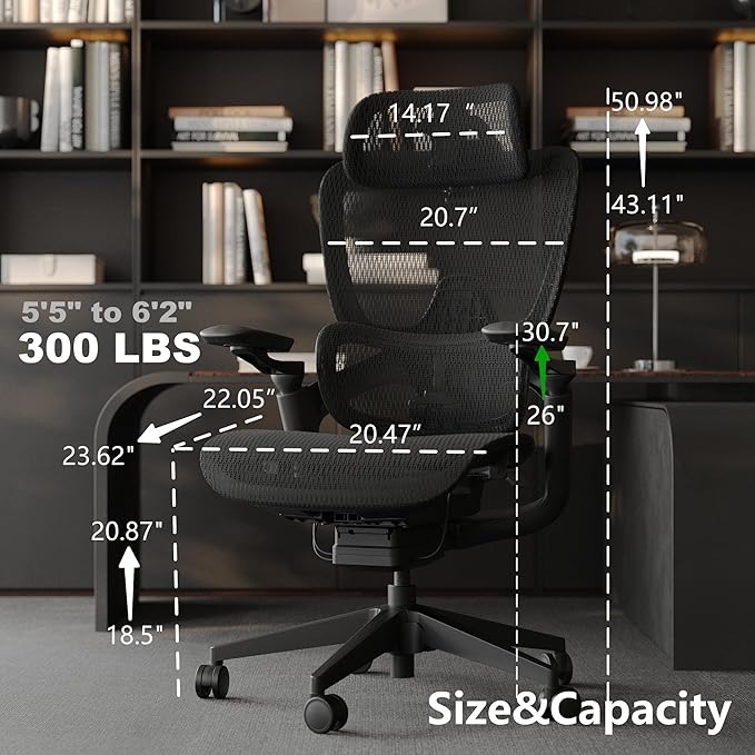 Ergonomic Office Chair, Big and Tall Mesh Computer Gaming Chair with Headrest, Work Chair with Adaptive Lumbar Support, 5D Armrest,90-130°Tilt, Model Zen (All Black)