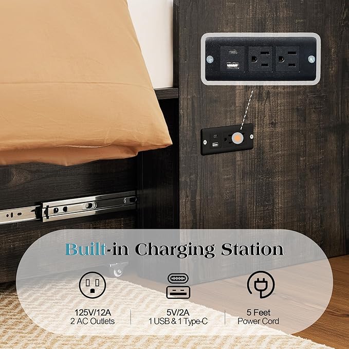 Queen Murphy Bed with 6" White Tri-Fold Memory Foam Mattress, Storage Drawer & Charging Station, Space-Saving Design for Home Office or Guest Room, Black Oak