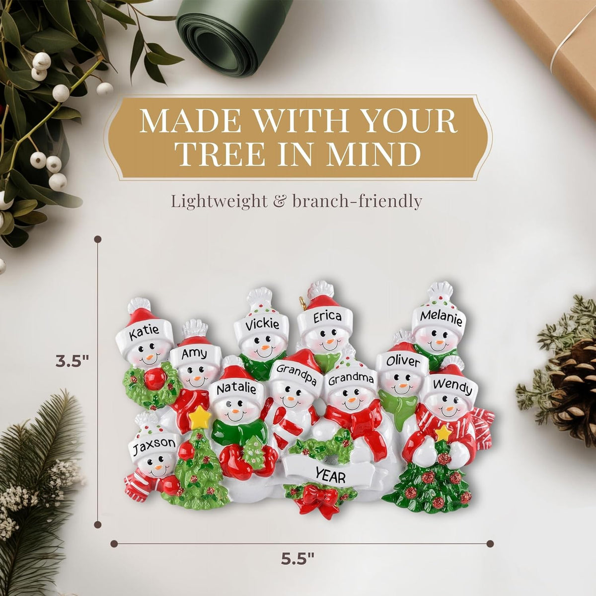 Personalized Large Family of 11 Ornament 2025 | Free 24h Customization | Laser Engraved Snowman Christmas Ornaments for Tree | Custom Gift Wrapped Festive Holiday Keepsake for Eleven Persons