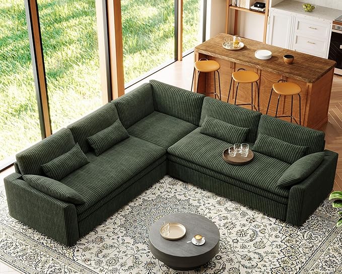 Belffin Large Modular Sectional Sofa with Double 61" Loveseat, Corduroy Corner Couch with 9" Soft Dual-Layer Seats Cushion for Living Room, Apartment, Small Sapce, Green