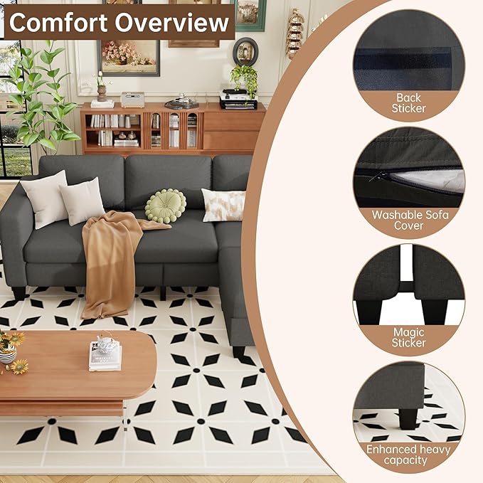 ZeeFu Sectional and Sofa Couches for Living Room - 78'' 3 Seater L-Shaped Modular Couch with Storage Ottoman - Modern Velevt Fabric Upholstered Sofa Set for Small Space Apartment Office