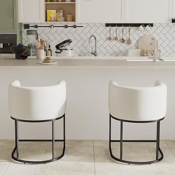 Bar Stools Set of 2, 24" Upholstered Counter Height Bar Stools, Modern Counter Stools with Metal Base for Kitchen Island Dining Room Bar, White