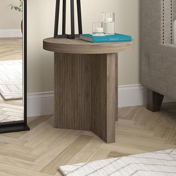 Henn&Hart 22" Fluted Scandinavian Round End Table, Ribbed Side Table, Nightstand for Living Room, Office, Family Room, or Bedroom, Antiqued Gray Oak
