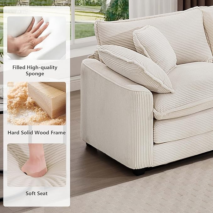 mikibama Luxury 2 Piece Sofa Set, Loveseat Couch & Sofa Armchair Set, Modern Corduroy Comfy Cloud Couches Set for Living Room Office with 2 Armrest Pillows and 3 Toss Pillows, Beige