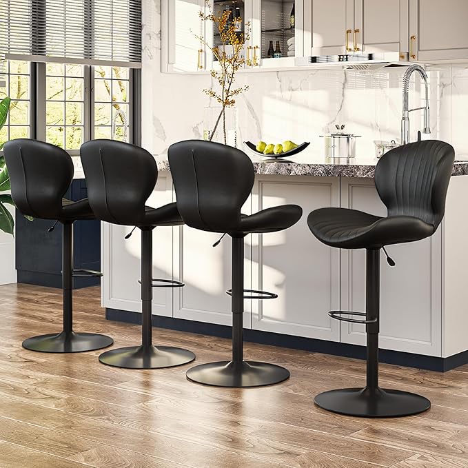 Waleaf Modern Adjustable Swivel Bar Stools Set of 4，Hydraulic Faux Leather Counter Height Barstool with Ergonomic Backrest and Footrest,Upholstered Pub Dining Chairs for Kitchen Island