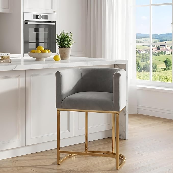 Contemporary Grey Velvet Bar Stool, 24" Upholstered Fabric Counter Height Barstool Kitchen Counter Island Stool with Screwed Together Golden Metal Base