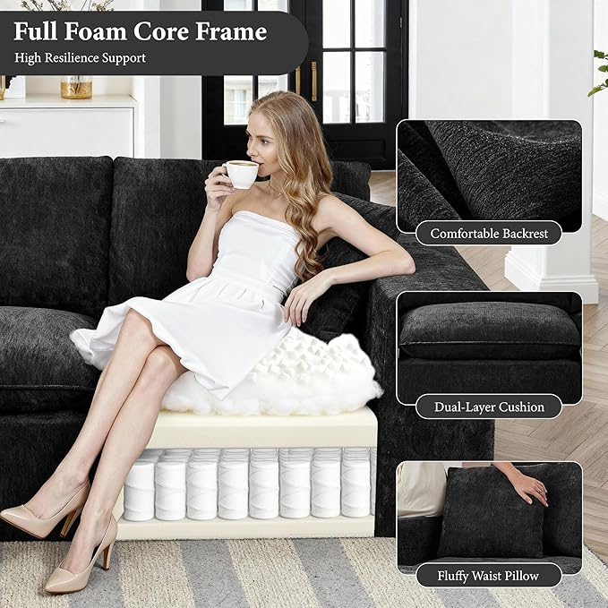 108" Sectional Couches for Living Room Boneless Couch Upholstered Cloud Couch Sectional Modular Sectional Sofa with L Shaped (Chenille-Black, 3 Seat+1 Ottoman)