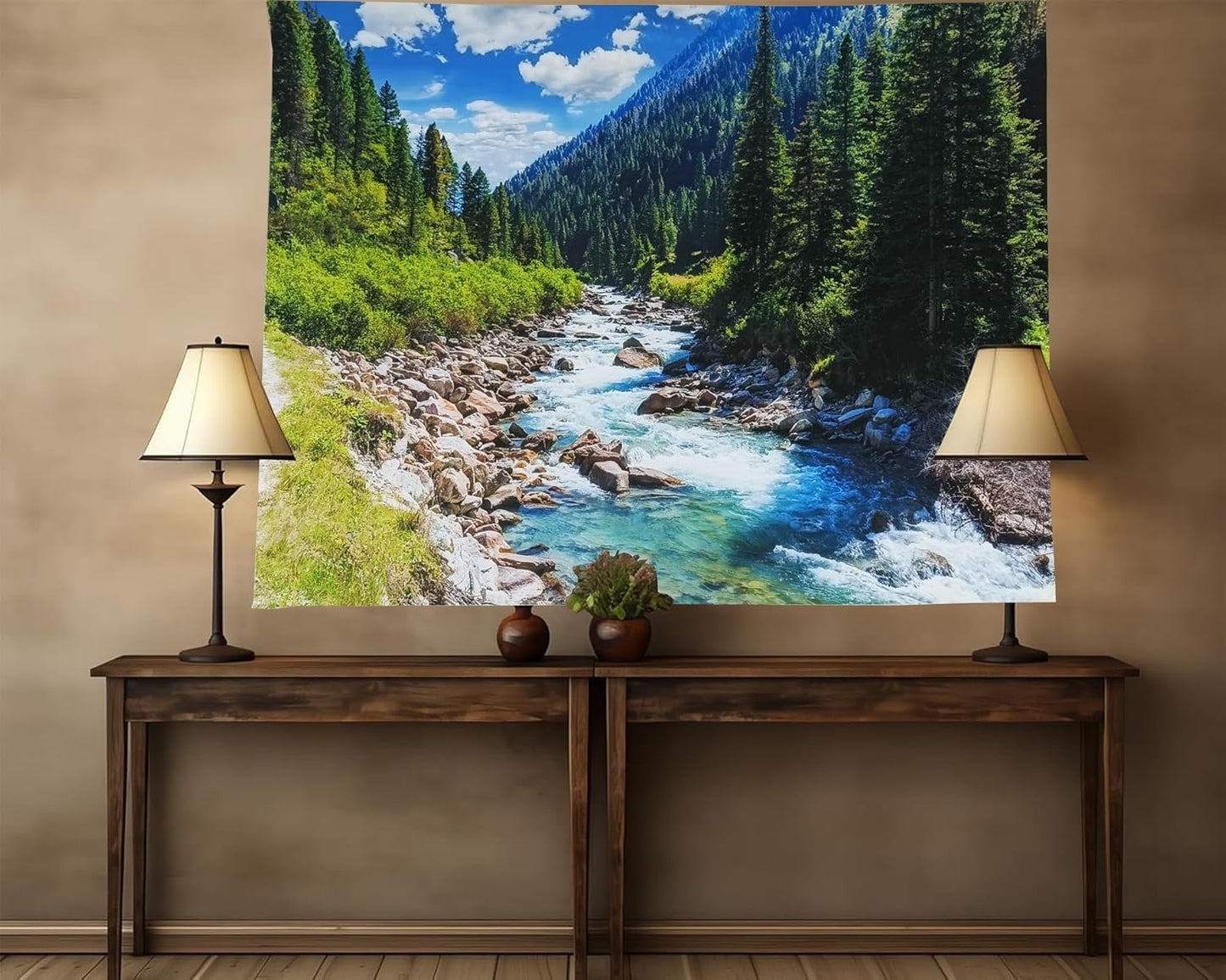 Nature Forest Mountain Tapestry Green Pine Tree Stream Tapestry White Clouds Flowing River Valley Landscape Scenery Tapestries Wall Hanging for Bedroom Dorm Living Room Office Classroom 60 x 40 Inch