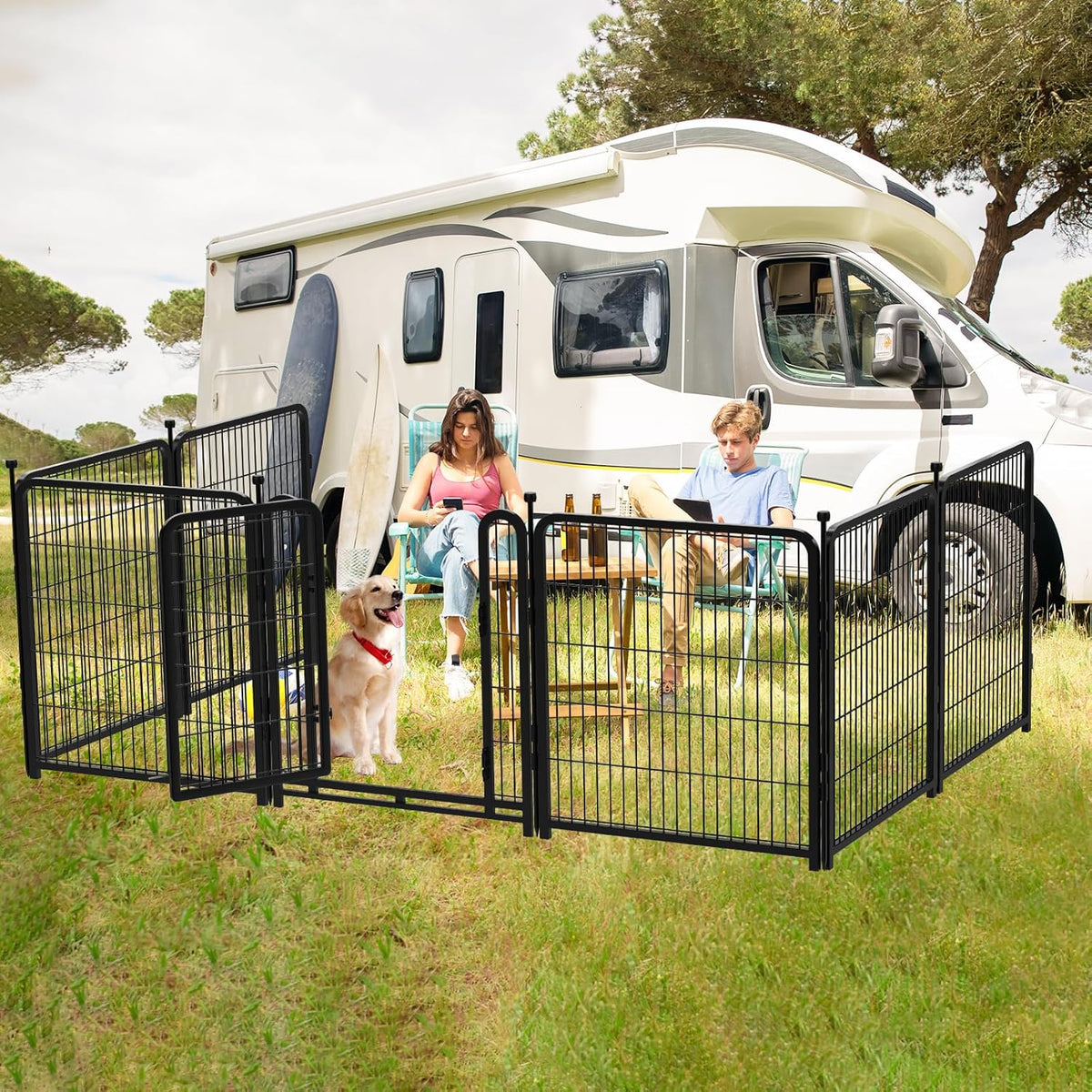 Dog Playpen 48 inch(H) 4 Panels Dog Fence Outdoor for Yard. Metal Dog Pen Heavy Duty Pet Puppy Exercise Pen for Rv Camping Garden Yard, Wide Door Low Threshold Dog Fence Total 8.9 Ft(L)