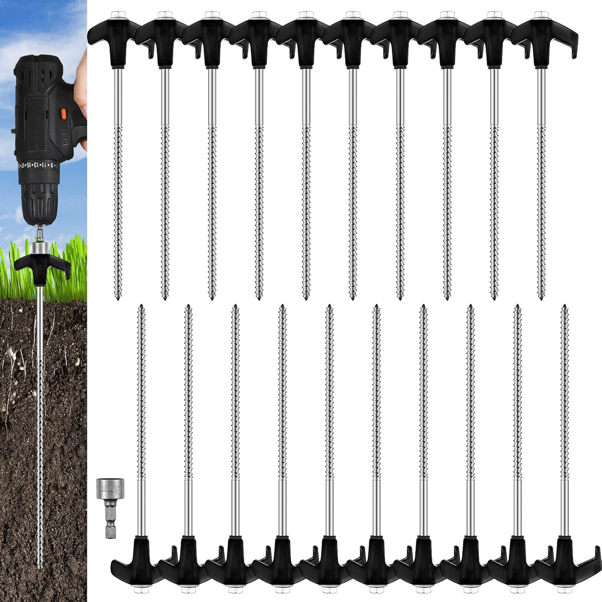 Hicarer 20 Pcs 20 Pcs 8'' Screw in Tent Stakes Heavy Duty Ground Metal Stakes for Inflatables with Hex Head Driver for Outdoor Camping Tent Inflatable Garden Decor (Black)