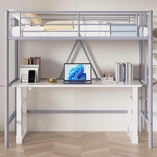 VECELO Metal Loft Bed Twin Size, Heavy Duty Bedframe with Removable Ladder and Safety Guardrail, Space-Saving, Noise Free, No Box Spring Needed, Grey