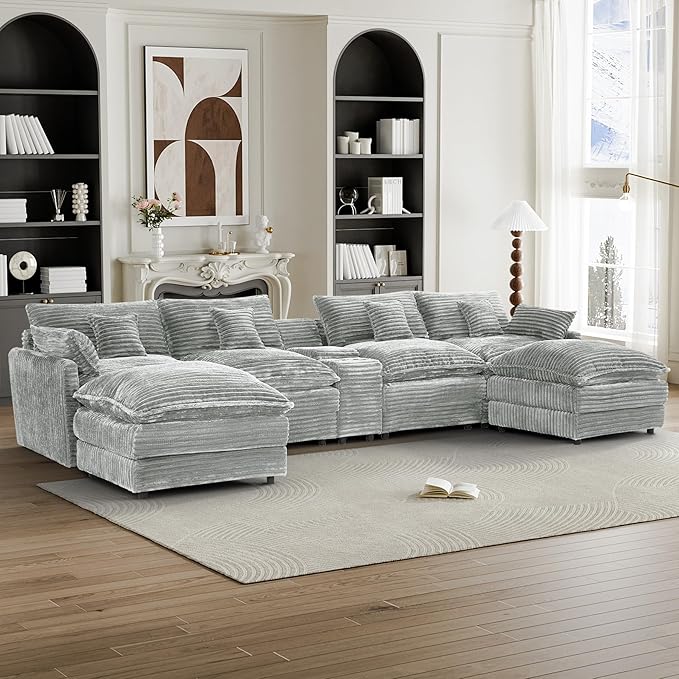 HYJT-H&K 145" U Shaped Cloud Couch Modular Light Grey Sectional Couches for Living Room, Comfy Fluffy Corduroy Oversized Cloud Sectional Couch Large 6 Seat Sectionals Sofa Set Central Console USB Port