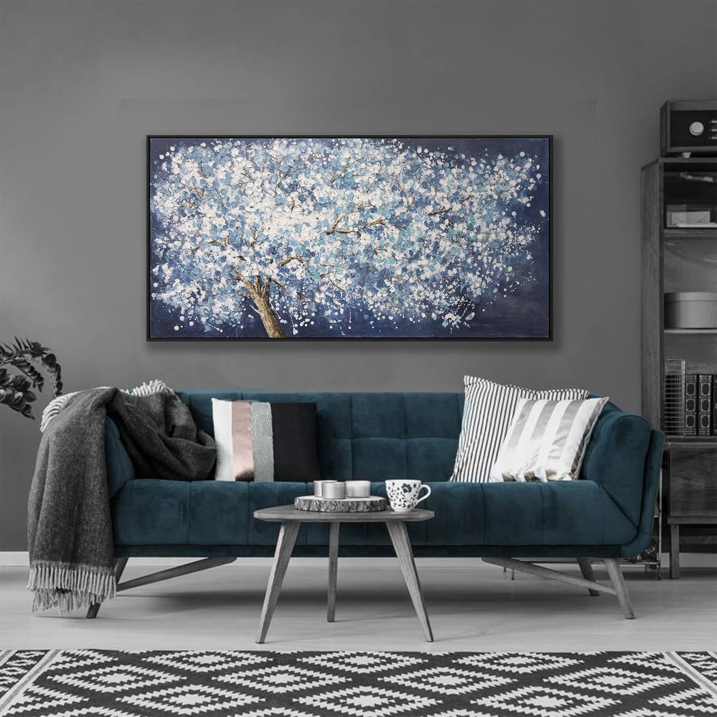 Wall Art Canvas Oil Painting Dark Blue And White Abstract Tree Plants Wall Decor Pictures Framed For Bedroom Canvas Wall Decorations Artwork For Living Room Dinning Room Home Office 20 X 40 Inch