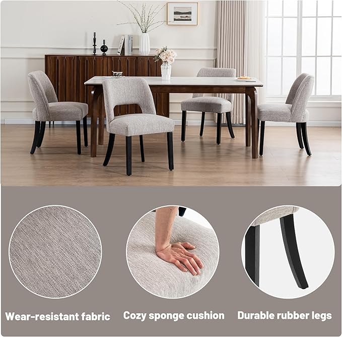 VKNOW Wooden Dining Chairs Set of 6, Modern Fabric Upholstered Dining Room Chair Kitchen Chairs, Farmhouse Dinner Chair for Kitchen Dining Room, Grey-Black Legs