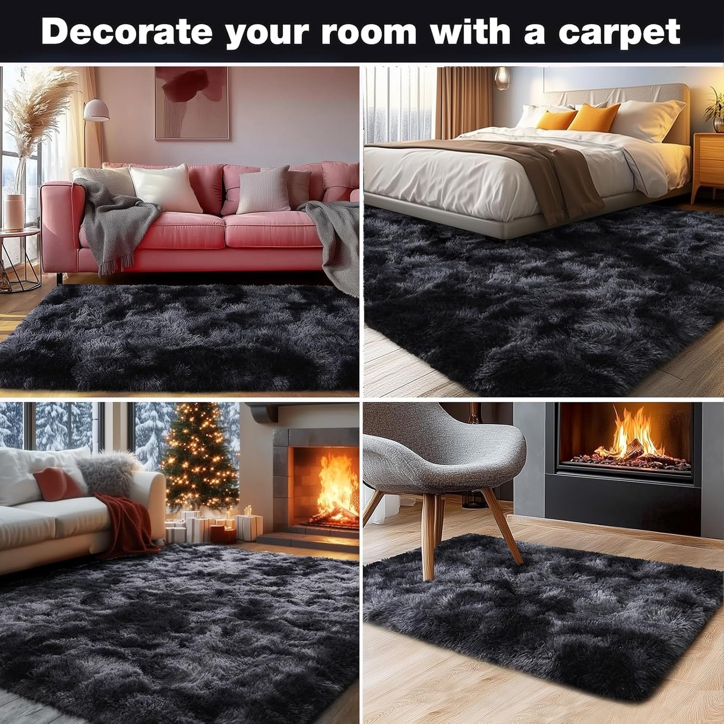 Rezutan Area Rugs 5x7 Living Room, Large Fluffy Rug for Bedroom, Soft Shag Shaggy Fuzzy Carpets for Boys and Girls Dorm Room Home Decor Aesthetic,Black Grey Tie-Dyed.