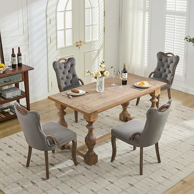 Velvet Dining Chairs Set of 6, Solid Wood Handles, Wooden Upholstered Dining Chair, Vintage Copper Nail Decoration, Mid Century Modern Kitchen Chair (Grey, Set of 6)