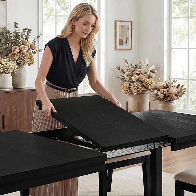 60"-80" Extendable Dining Table, Modern Rectangular Wood Kitchen Table, Farmhouse Expandable Dinner Table, Traditional Large Extension Meeting Desk for Dining Room, Living Room, Black