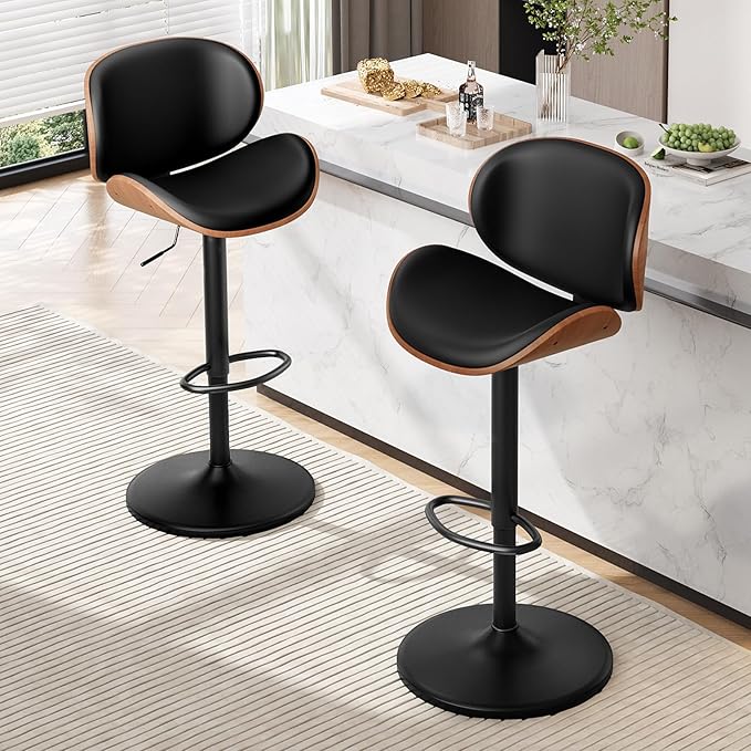 Furniliving Adjustable Bar Stools Set of 2, Swivel Bentwood Barstools Counter Height Bar Stools, Ergonomic Modern Bar Stools with Back Upholstered Barstools for Dining Room, Kitchen, Bar, Black, PU