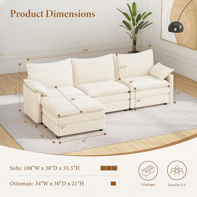 Vesgantti 108" Modular Sectional Sofa, Comfy Cloud Couch with Movable Ottoman Deep Seat Corduroy L Shaped Modular Sofa, Sectional Couches for Living Room, Bedroom and Apartment, Beige