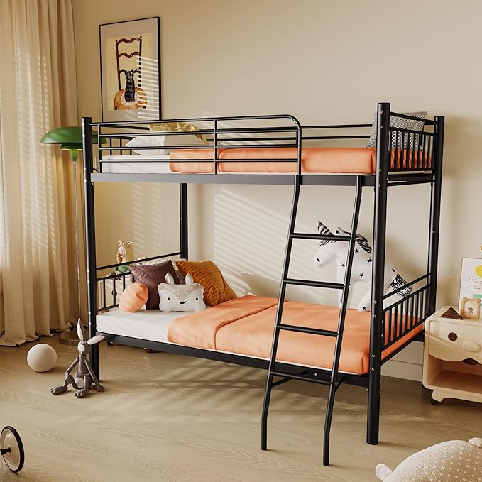 Metal Bunk Bed Twin Over Twin，Loft Bed with Removable Ladder and Full-Length Guardrail，Twin Bunk Beds Frame Heavy Duty Metal Slat Support for Adults, Kids and Young Teens (Black)