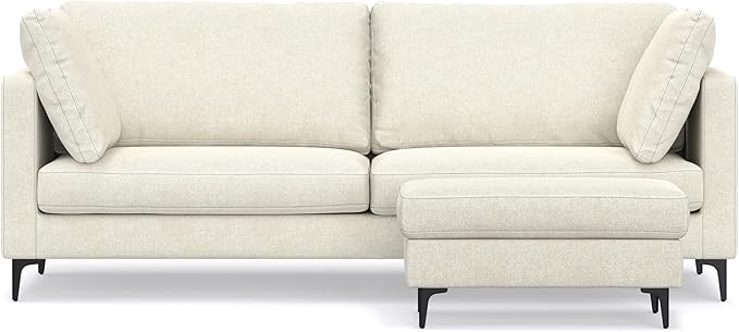 SIMPLIHOME Ava Sofa and Ottoman in 100% Recycled Polyester Performance Fabric, Cream, 90-inch-wide 3-Seater Couch and Matching 36-inch-wide Table Ottoman for Living Room, 2-Piece Set