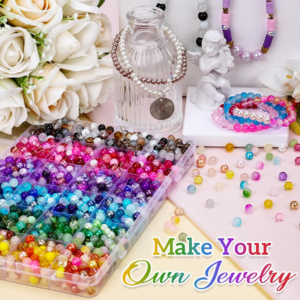 XSEINO About 1200PCS 6mm Glass Beads Bracelet Making Set, 144 Color Colorful Round Style Glass Beads for Bracelet and Jewelry Making and DIY Crafts,Friendship Bracelets