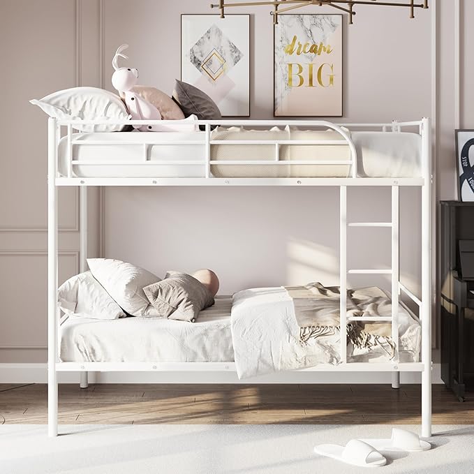 Merax Metal Bunk Bed, Bunk Bed with Ladder and high Guardrail, Able to Split, Under Bed Storage Space, Noise Free, Twin Over Twin Size, White