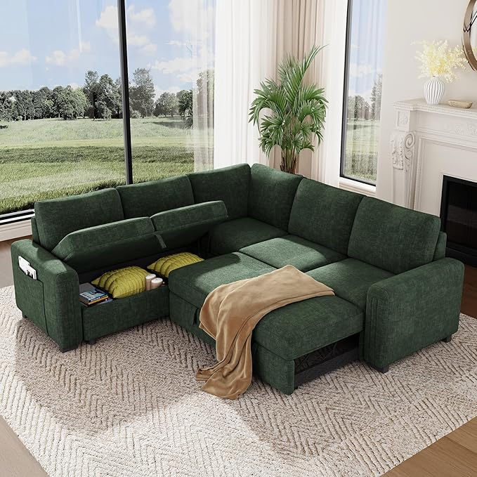 Vesgantti 88.4" Sectional Sleeper Sofa with Pull Out Bed, 5 Seater L Shaped Modular Sectional Couch with Storage, Comfy Chenille Modular Couch for Living Room, Bedroom, Apartment, Green