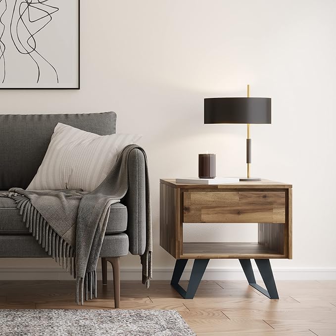 SIMPLIHOME Lowry SOLID ACACIA WOOD and Metal 22 Inch Wide Square Modern Industrial End Side Table in Distressed Golden Wheat, For the Living Room and Bedroom