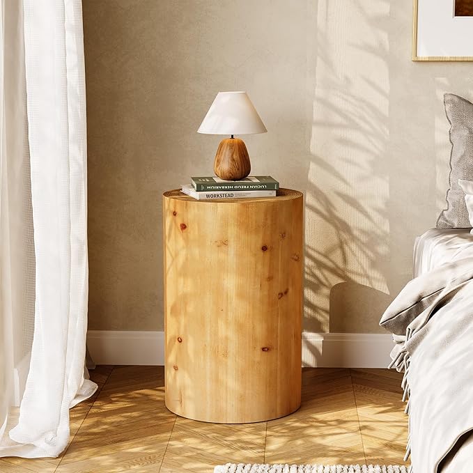 LITTLE TREE Small End Table, Wood Round Drink Table, Farmhouse Side Table for Small Spaces, Modern Plant Stand, Accent Cocktail Table for Living Room, Bedroom Nightstand, Wooden Pedestal Natural