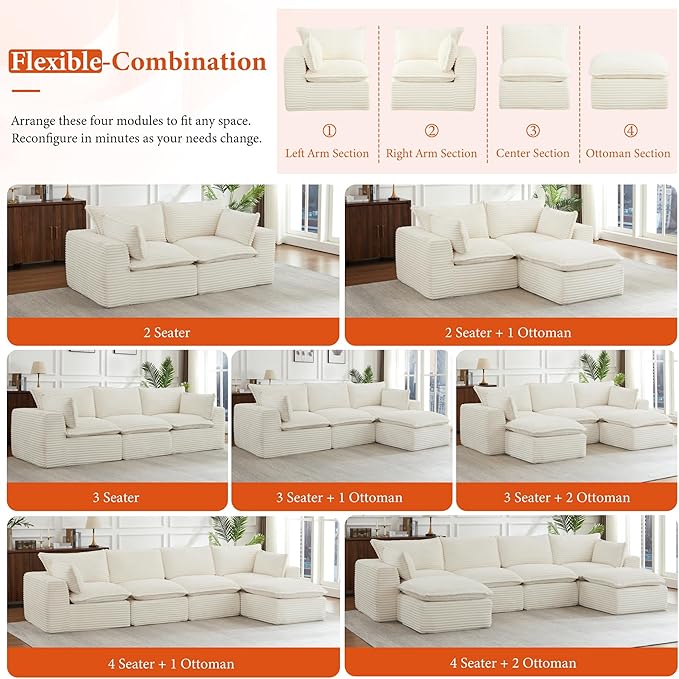 108" Sectional Couches for Living Room Boneless Couch Upholstered Cloud Couch Sectional Modular Sectional Sofa with L Shaped (Corduroy-White, 3 Seat+2 Ottoman)
