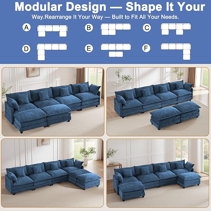 U-Shaped Cloud Chenille Sectional with 2 Ottomans, 146" Modular Sofa for Large Spaces, Ultimate Comfort with Deep Seats & Pillows, Solid Frame, 1YR Warranty