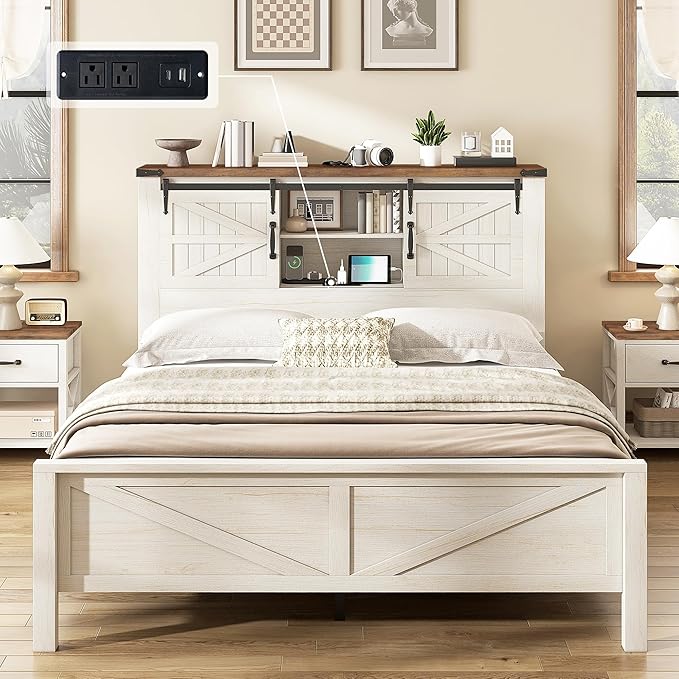 AMERLIFE Farmhouse Queen Bed Frame with Storage Headboard & Charging Station, Rustic Wood Platform Bed with Barn Door Bookcase, No Box Spring Needed, Antique White Bedroom Furniture