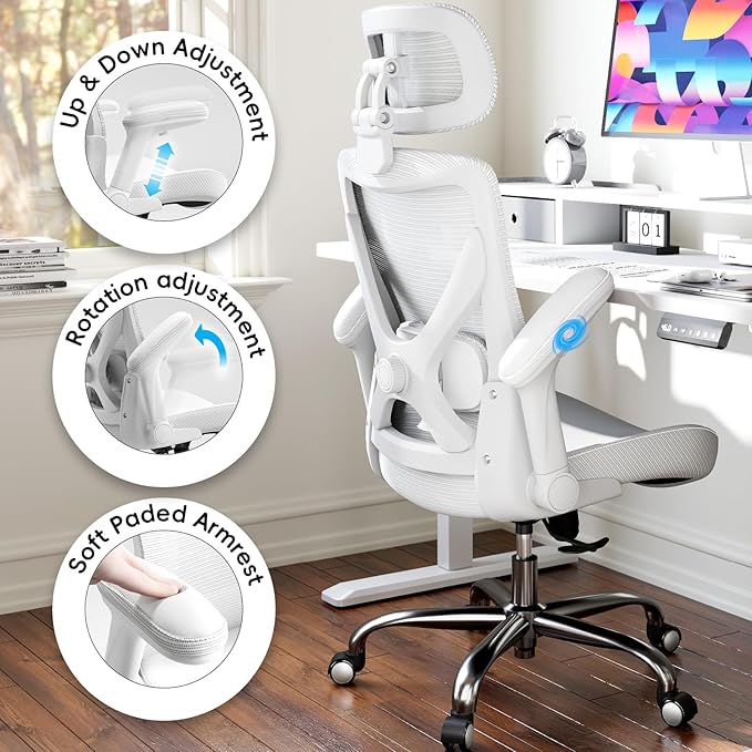 Office Home Ergonomic Desk Chair-Computer X-Shaped Chair Mesh PU Leather with Adjustable Lumbar Support-Executive Chair High Back with Headrest Flip-Up Arms for Long Hours (White)