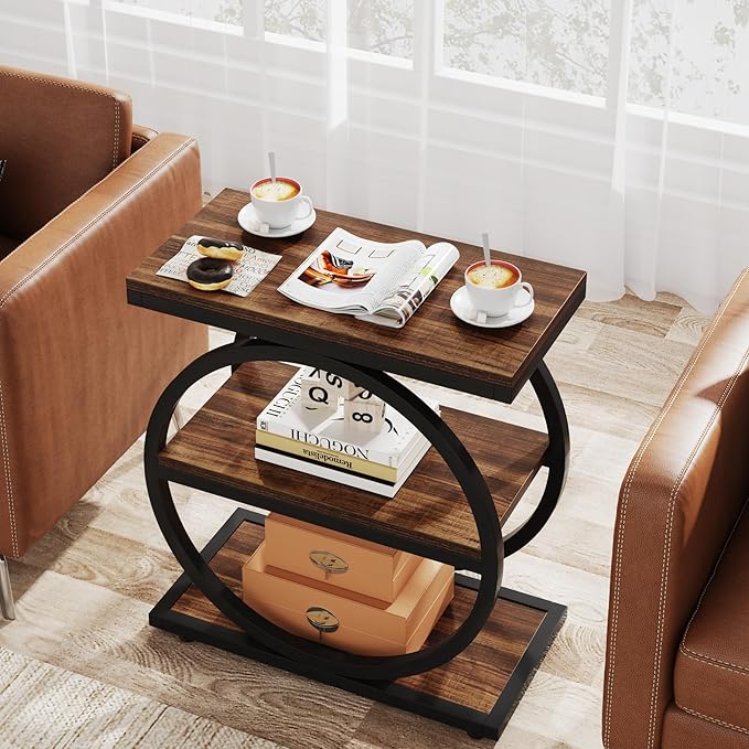 LITTLE TREE 3-Tier End Table, Industrial Side Table with Storage Shelves, Small Sofa Side Table for Living Room, Wooden Side End Table with Double Round Metal Legs