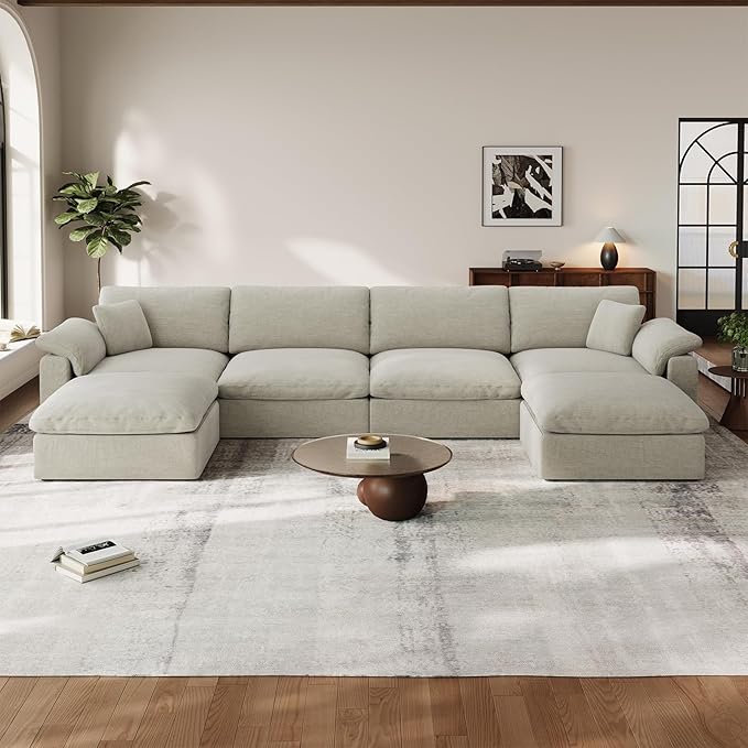 Cloud Modular Couch for Living Room,U Shape Linen Blend Sofas,Modern Deep Seat Cloud Sofas,Convertible Comfort Down Filled Sectional Couches,Removable Washable Cushion Covers,Light Biege