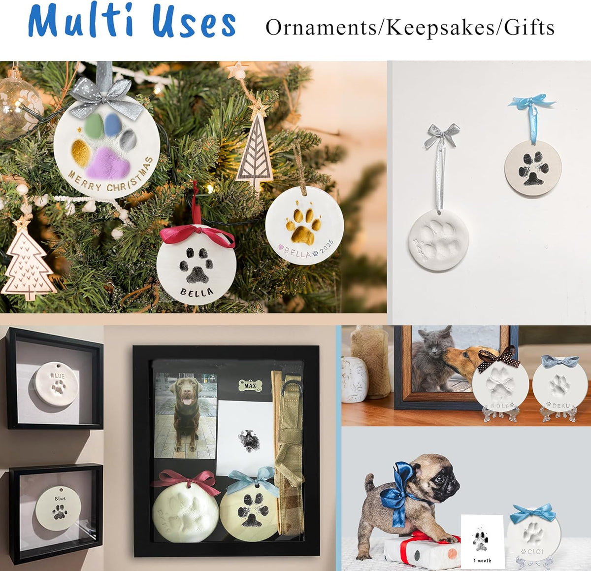 Clay & Ink Paw Print Kit,Make 3 Pawprint Ornaments(2 Clay&1 Ink),Dog Cat Paw/Nose Print Keepsake,Clean Touch Ink Pad & Soft Clay, Inkless Pet Paw Print Impression Kit,Pet Christmas Ornament