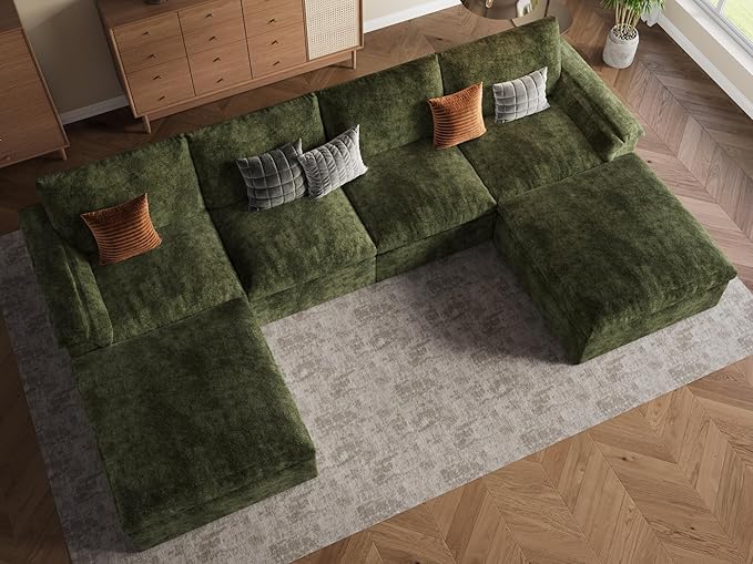 EASE MOOSE Boneless Modular Cloud Couch, U-Shaped Oversized Sectional Sofa for Living Room with Ottoman, Extra Large Movable Couches, 6-Deep-Seat Sofas for Bedroom, Apartment, Chenille (Green)