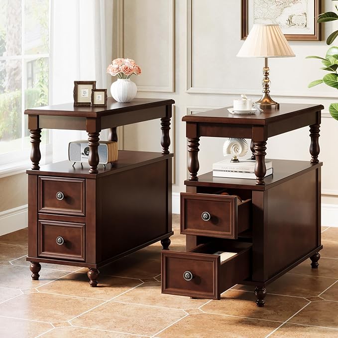 Tribesigns Set of 2 End Table with 2 Drawers, Vintage Narrow Wooden Side Table for Living Room, Charrowair Table with Storage Shelf, Minimal Assembly Needed (2)