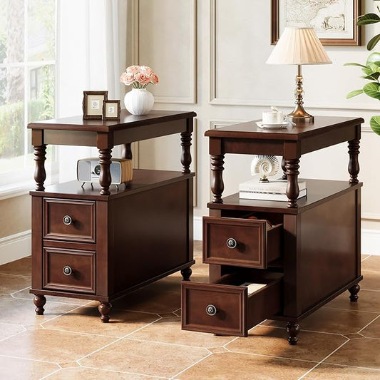 Tribesigns Set of 2 End Table with 2 Drawers, Vintage Narrow Wooden Side Table for Living Room, Charrowair Table with Storage Shelf, Minimal Assembly Needed (2)
