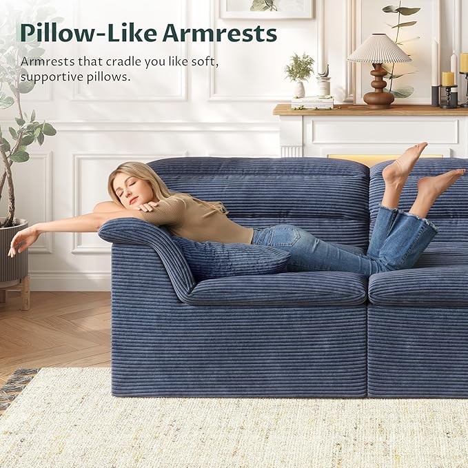 88" Sofa with Deep Seats Oversize, 3 Seater Cloud Couches, Upholstered Corduroy Couch for Living Room Bedroom, No Assembly Required, Blue