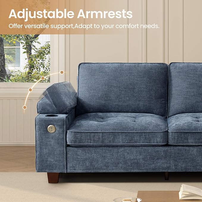 84" Loveseat for Living Room,Modern Chenille Upholstered 2-Seater Loveseat Couch for Apartment,Solid Wood Sofa with Adjustable Storage Armrest,Cup Holders,USB & Type-C Ports(Blue)