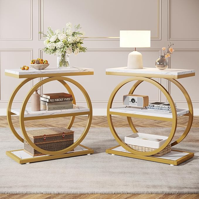 Tribesigns End Table with Storage Shelves Pack of 2, 3-Tier Wooden Industrial Sofa Side Table with Black Metal Frames for Living Room, Slim Nightstand and Bedside Table for Bedroom, White & Gold