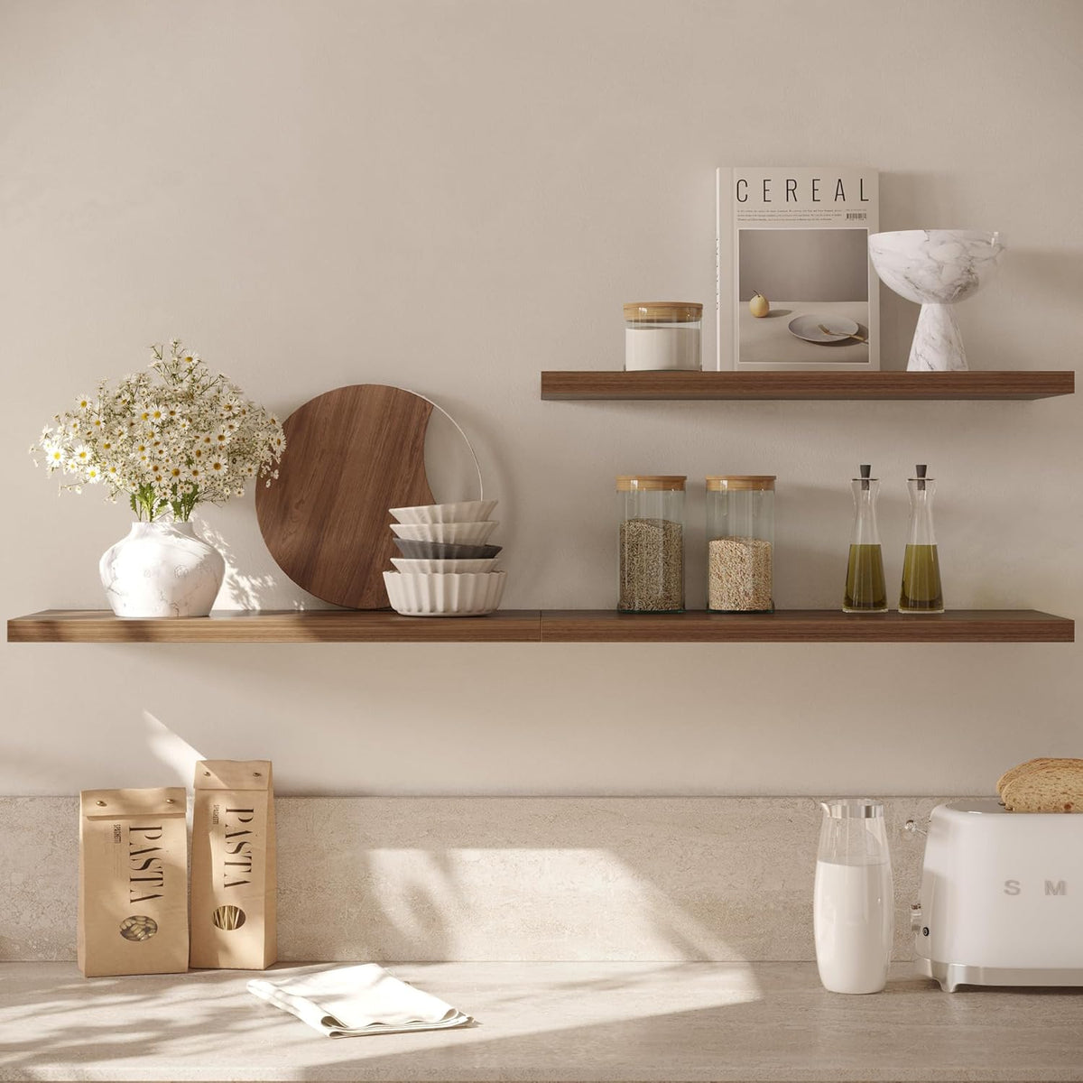 Wall Shelf Set of 2, Walnut Floating Shelves 24 in W x 10 in D x 1 in H, Wooden Floating Wall Shelf with Invisible Brackets for Living Room/Bedroom/Bathroom/Kitchen Storage and Decor
