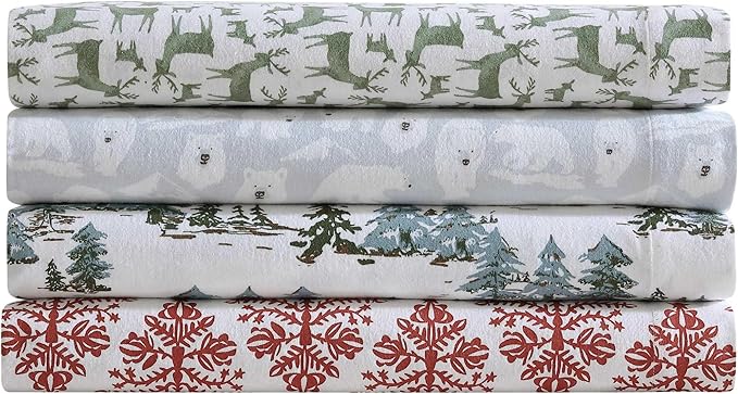 Eddie Bauer - Flannel Sheets Queen Size, Anti-Pilling & Wrinkle Resistant Cotton, Touchably Soft for All-Season Comfort - Bed Sheets with Matching Pillowcases & Fitted Sheet (Deer Camp Green)