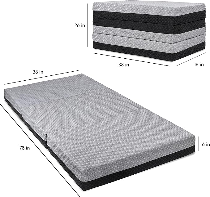 Milliard Dual Sided Premium Tri Folding Mattress, Memory Foam Foldable Mattress with Waterproof Washable Cover + Bonus Eye Mask Included
