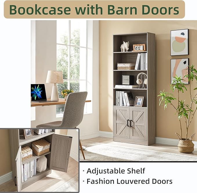 70in Tall Bookshelf 6 Tier Bookcase with Barn Doors and Adjustable Shelf, Oak Grey Farmhouse Book Shelves with Storage Cabinet, Wood Floor Standing Display Bookshelve for Bedroom, Living Room