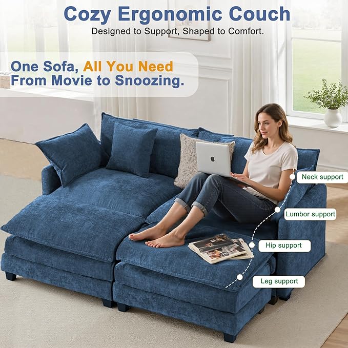 Expandable L-Shaped Sectional Sofa with Ottoman for Apartments, 77" Cloud Chenille Sofa, Create a U-Shape Layout with Optional 2nd Ottoman, Solid Wood Frame, Easy Assembly
