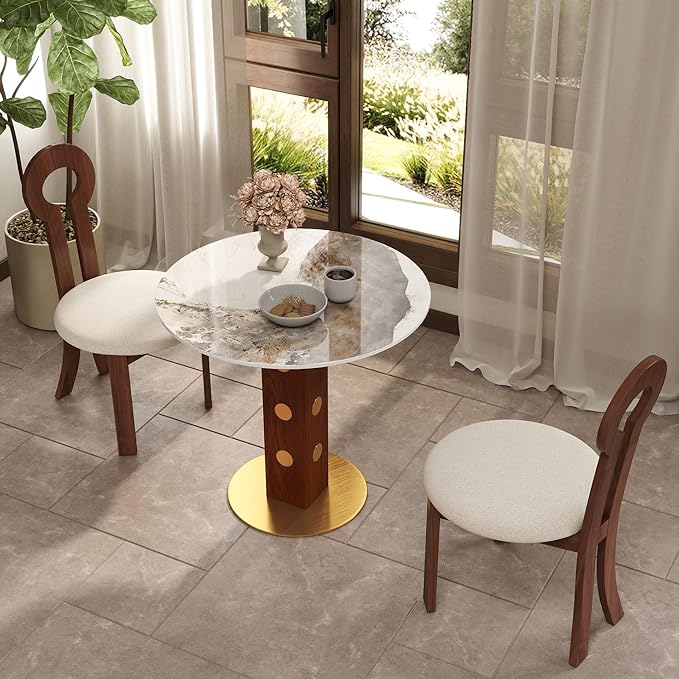 Sintered Stone Office Table and Chair Set - 33.5" Round Table for Small Offices (Red Leg and Pandora Top, 1 Table and 2 Chairs)